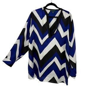 Lauren Ralph Lauren Silky Tunic Plus size 3X Blue Chevron V neck Long Sleeve